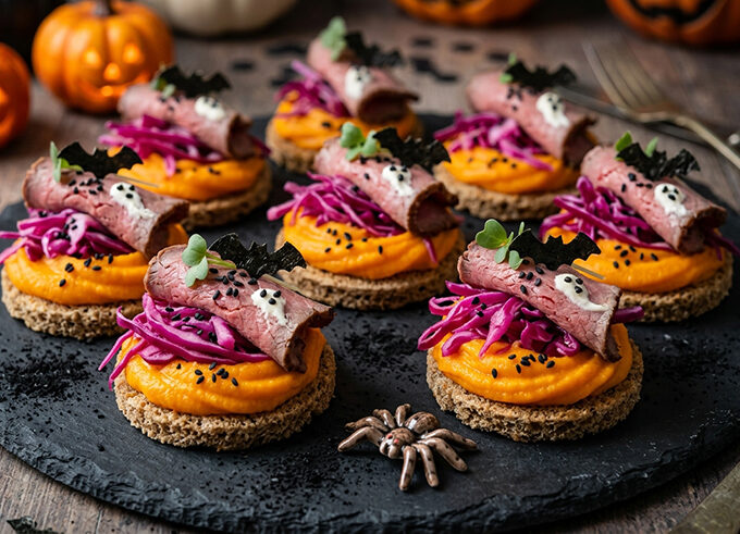 紫キャベツとローストビーフのハロウィンカナッペ
